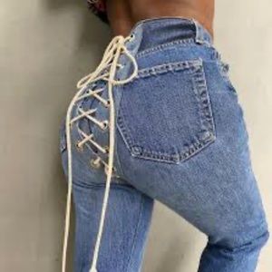 Denim wash lace up back jeans